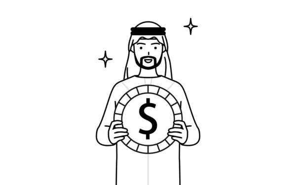 具有外汇收益和美元升值图像的穆斯林男子 矢量图解 — 图库矢量图片