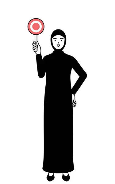 正しい答えを示すマループラカードを持っているムスリム女性 ベクターイラスト — ストックベクタ