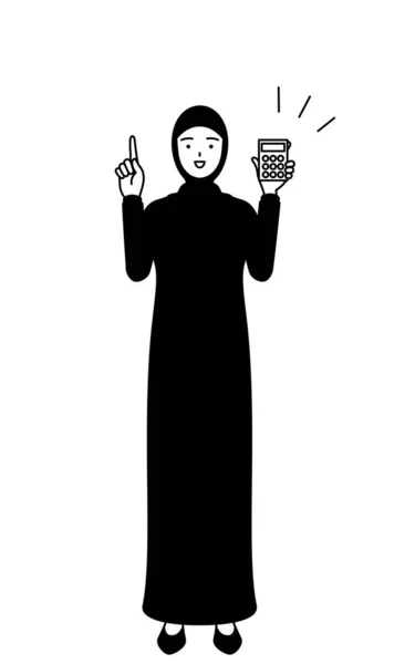 Mujer Musulmana Sosteniendo Una Calculadora Señalando Vector Illustration — Vector de stock