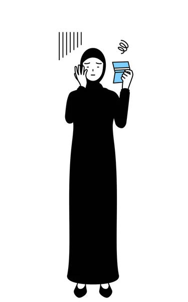 Donna Musulmana Guardando Suo Libretto Bancario Sentirsi Depresso Vettoriale Illustrazione — Vettoriale Stock