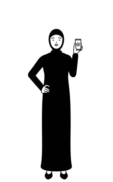 Mujer Musulmana Usando Smartphone Trabajo Vector Illustration — Vector de stock