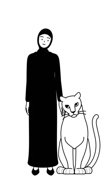 Muslimische Frau Streichelt Eine Löwin Vector Illustration — Stockvektor