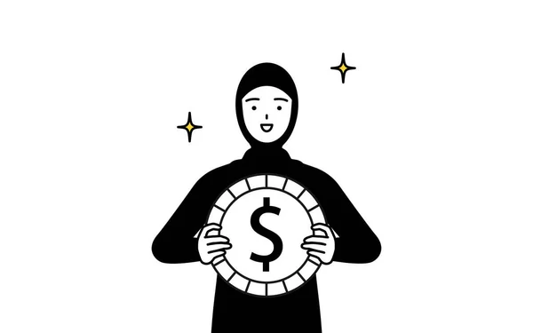 Muslimische Frau Mit Bildern Von Devisengewinnen Und Dollar Aufwertung Vector — Stockvektor