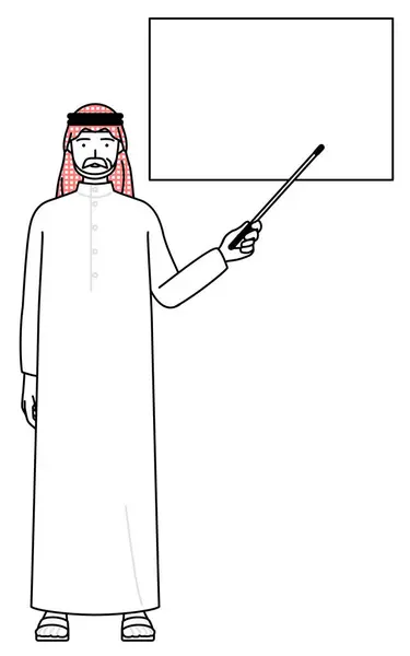 Senior Muslim Man Wijst Naar Een Whiteboard Met Een Indicator — Stockvector