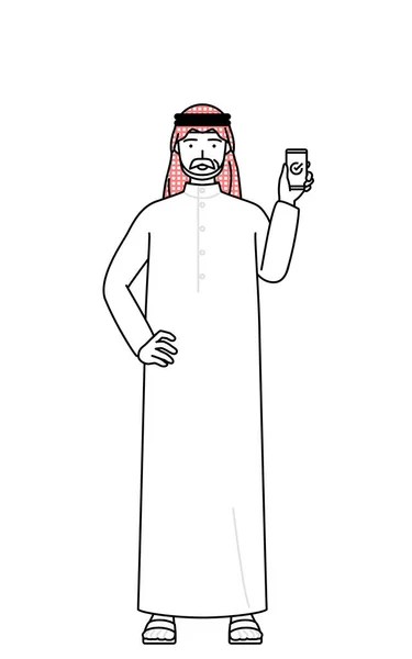 Senior Muslim Man Met Smartphone Aan Het Werk Vector Illustration — Stockvector