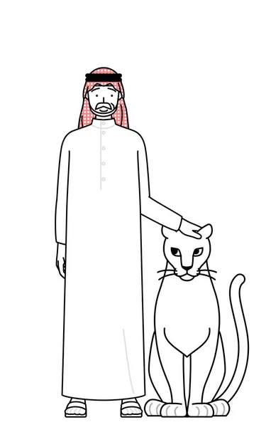 Senior Moslim Man Petting Een Huisdier Leeuwin Vector Illustratie — Stockvector