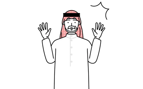 年长的穆斯林男子惊讶地举起他的手 矢量图解 — 图库矢量图片