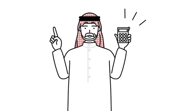 高级穆斯林男子拿着计算器和指点 矢量说明 — 图库矢量图片