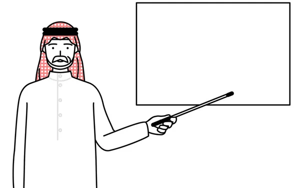 Homme Musulman Âgé Pointant Vers Tableau Blanc Avec Bâton Indicateur — Image vectorielle