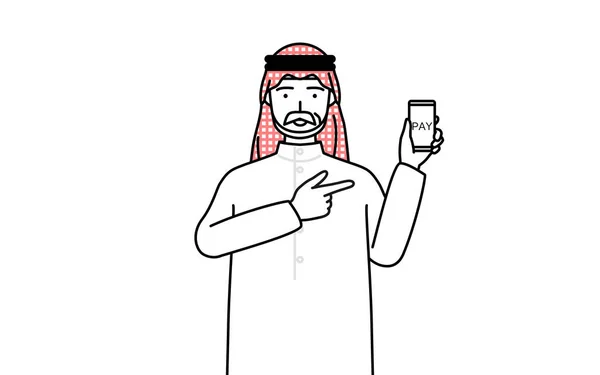 Senior Muslim Man Recommending Cashless Online Payments Smartphone Vector Illustration — Stock Vector