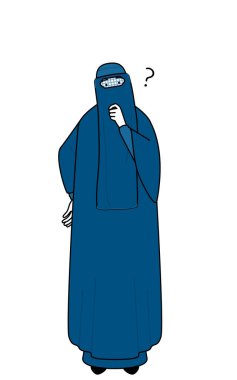 Burka giymiş Müslüman bir kadın söz konusu olduğunda başını sallıyor, Vektör İllüstrasyonu