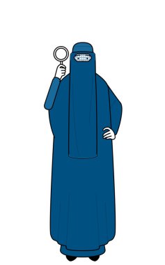 Burka giyen Müslüman kadın büyüteçten bakıyor, vektör illüstrasyonu.