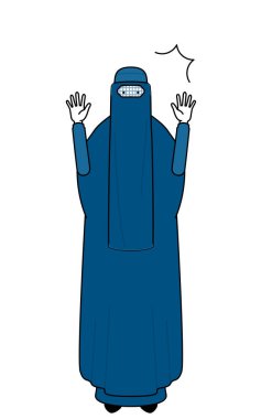 Burka giymiş Müslüman bir kadın şaşkınlıkla elini kaldırıyor, Vektör İllüstrasyonu