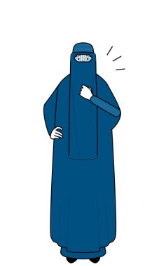 Burka giymiş Müslüman bir kadın göğsüne vuruyor, Vektör İllüzyonu