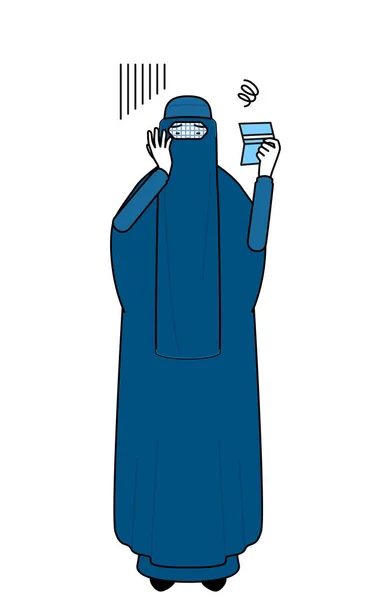 バルカのムスリム女性は 彼女の銀行の本を見て落ち込んでいる感じ ベクターイラスト — ストックベクタ