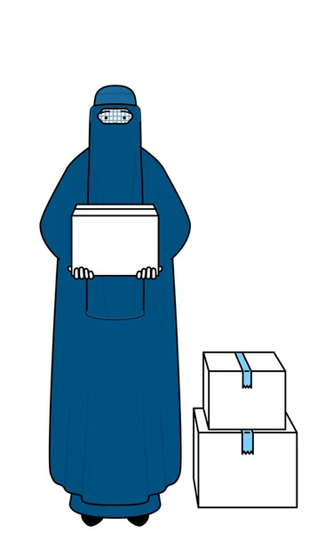 Donna Musulmana Burqa Che Lavora Trasportare Scatole Cartone Illustrazione Vettoriale — Vettoriale Stock