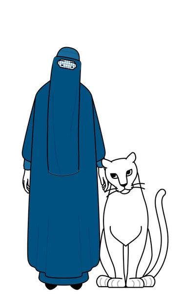 Mujer Musulmana Burqa Está Acariciando Una Leona Mascota Vector Illustration — Vector de stock