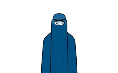 Burka giymiş, gülümseyen Müslüman bir kadın. Vektör İllüzyonu.