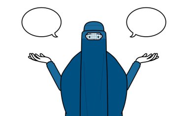 Burka giyen Müslüman kadın silinip karşılaştırma yapıyor, Vektör İllüstrasyonu.