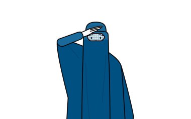 Burka giymiş Müslüman bir kadın uzaklığa bakıyor, vektör illüstrasyonu.