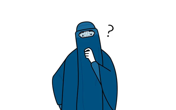 ブルカのムスリム女性が彼女の頭に疑問を投げかけた ベクターイラスト — ストックベクタ