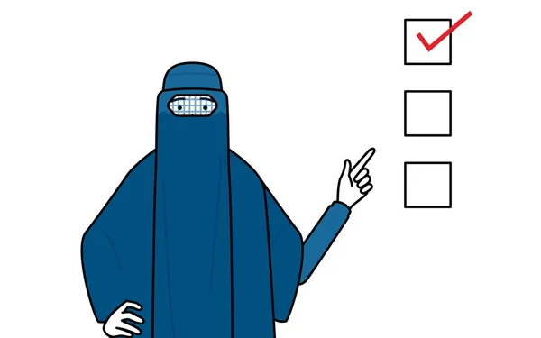Мусульманська Жінка Бурці Вказує Контрольний Список Векторна Ілюстрація — стоковий вектор