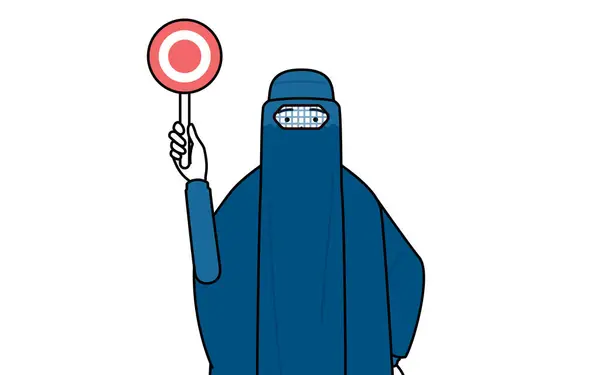 正しい答えを示すマループラカードを持っているブルカのムスリム女性 ベクターイラスト — ストックベクタ
