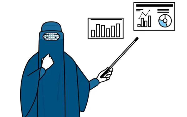 Muslimische Frau Burka Bei Der Analyse Einer Leistungskurve Vector Illustration — Stockvektor