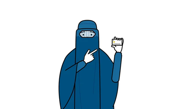 Moslim Vrouw Boerka Aanbeveelt Credit Card Betaling Vector Illustratie — Stockvector
