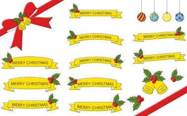 Sarı Noel kurdelesi, basit ve şirin çoban püskülü süsler, Vektör İllüstrasyonu