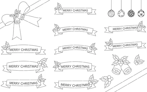 Black White Christmas Ribbon Simple Cute Holly Ornaments Vector Illustration — Stock Vector