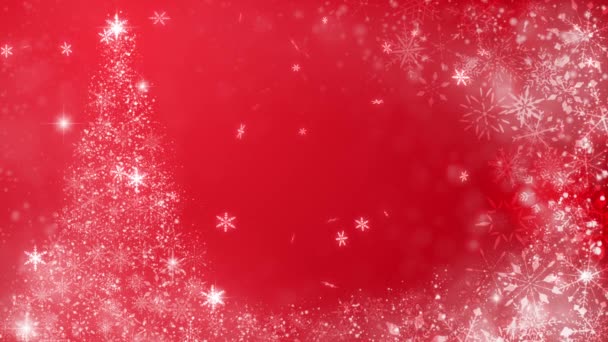 Julgran Och Snöflingor Fallande Partikel Röd Bakgrund — Stockvideo