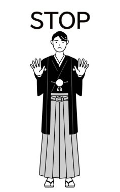 Hakama takan bir adam ellerini vücudunun önüne koyup, bir dur işareti veriyor, Vector Illustration