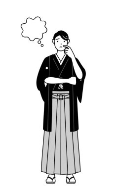 Hakama takan bir adam yüzünü çizerken düşünürken, vektör illüstrasyonu