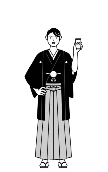 stock vector Man wearing Hakama with crest using a smartphone at work, Vector Illustration