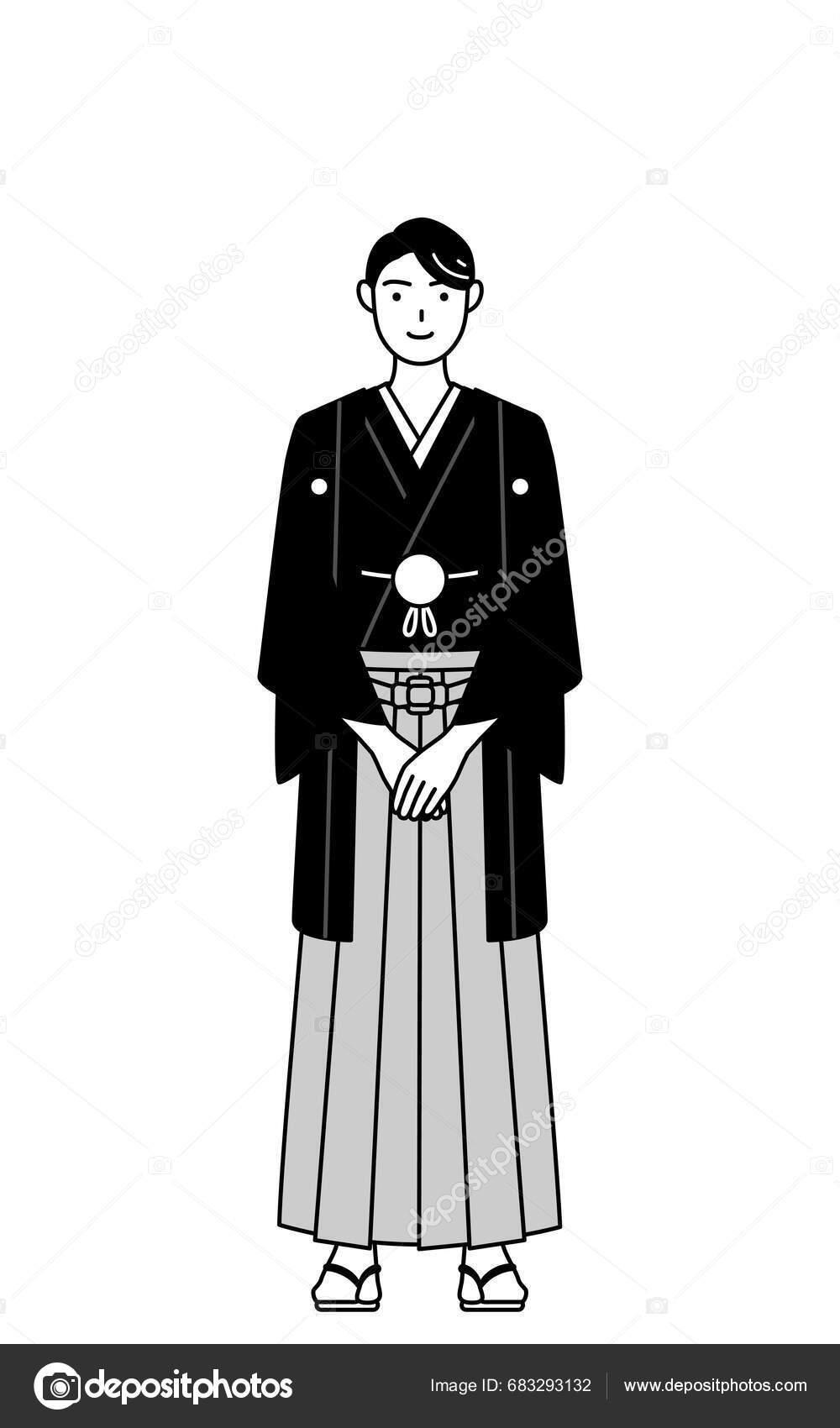 Man Wearing Hakama Crest Bowing Folded Hands Vector Illustration Stock ...