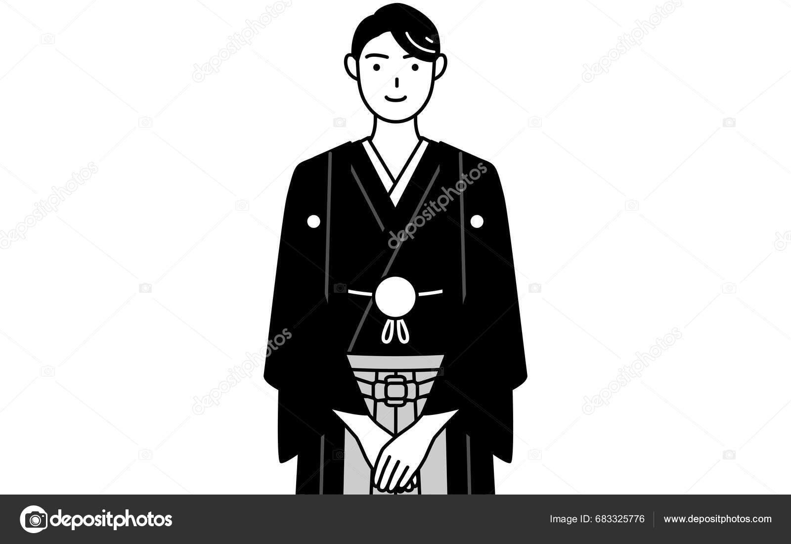 Man Wearing Hakama Crest Bowing Folded Hands Vector Illustration Stock ...