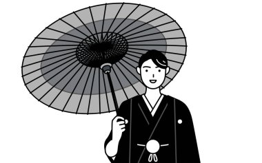 Hakama armalı bir adam elinde gülümsemeli bir Japon şemsiyesi tutuyor.