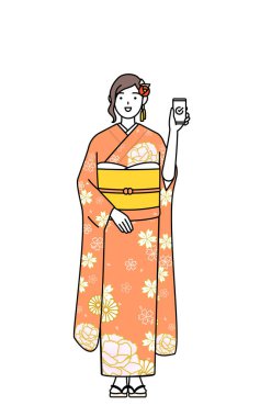 Yılbaşı ve reşit olma törenlerinde Hatsumode, mezuniyet törenleri, düğünler, vesaire, iş yerinde akıllı telefon kullanan kadın, Vektör Illustration