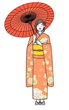 Yılbaşı ve reşit olma törenlerinde Hatsumode, mezuniyet törenleri, düğünler, vesaire, Furisode içinde bir kadın gülümsemeli bir Japon şemsiyesi tutuyor, Vektör İllüstrasyonu