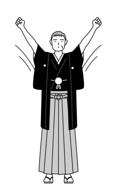 Yılbaşı ve düğünler, Hakama armalı kıdemli adam radyo jimnastiği yapıyor, kaza önleme hazırlığı, Vektör İllüzyonu