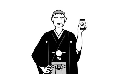 Yılbaşı ve düğünler, Hakama armalı kıdemli adam iş yerinde akıllı telefon kullanıyor, Vector Illustration