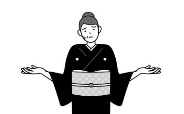 Yılbaşı tebrikleri ve düğünleri, Kimono giymiş yaşlı bir kadın omuzlarını silkip ellerini açıyor, Vector Illustration