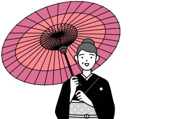 Yeni yıl kutlamaları ve düğünleri, Kimonolu son sınıf öğrencisi elinde gülümsemeli bir Japon şemsiyesi tutuyor, Vektör İllüzyonu.