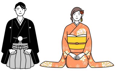 Kimono kıyafetli çift yeni yılı selamlıyor, Vektör Resimleri