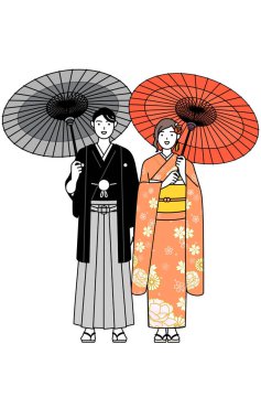 Yeni yıl ziyareti ve gezisi için Japon şemsiyeli gülümseyen erkek ve kadınlar, Vector Illustration
