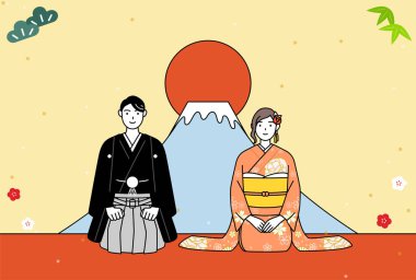 2024 yılbaşı kartı, Kimono Dağı 'ndaki kadın ve erkek. Yılın ilk günü Fuji ve Gündoğumu, Vektör İllüstrasyonu