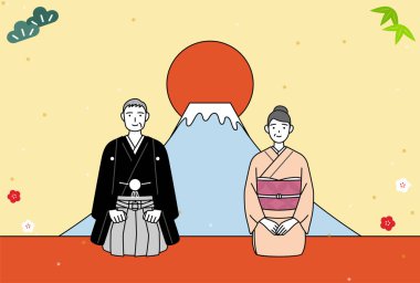 2024 yılbaşı kartı, orta yaşlı kadın ve erkek kimonolu, Mt. Fuji ve yılın ilk gün doğumu, Vektör İllüstrasyonu