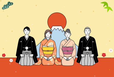 2024 yılbaşı kartı, kimonolu bir aile, Mt. Fuji ve yılın ilk gün doğumu, Vektör İllüstrasyonu