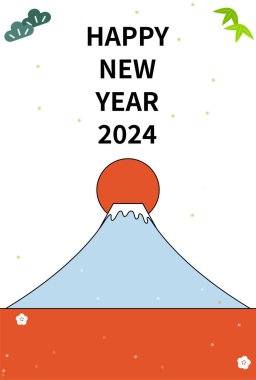 2024 yılbaşı kartı, Mt. Fuji ve yılın ilk gün doğumu, Vektör İllüstrasyonu